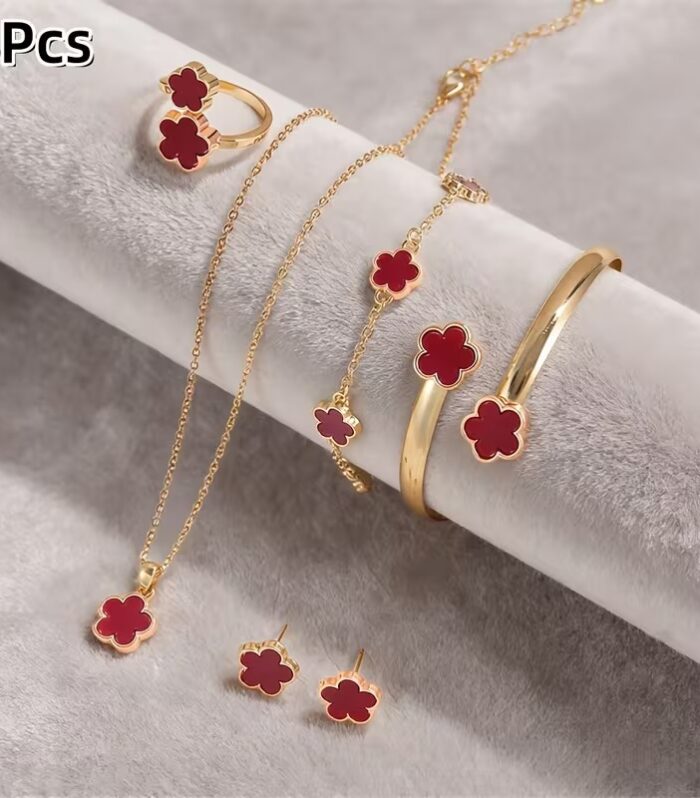 6pcs Classic Lucky Flower Women's Necklace Pendant + Earrings + Ring + Bangle + Bracelet Set