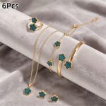 6pcs Classic Lucky Flower Women's Necklace Pendant + Earrings + Ring + Bangle + Bracelet Set - Image 6