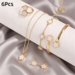 6pcs Classic Lucky Flower Women's Necklace Pendant + Earrings + Ring + Bangle + Bracelet Set - Image 5