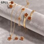 6pcs Classic Lucky Flower Women's Necklace Pendant + Earrings + Ring + Bangle + Bracelet Set - Image 2